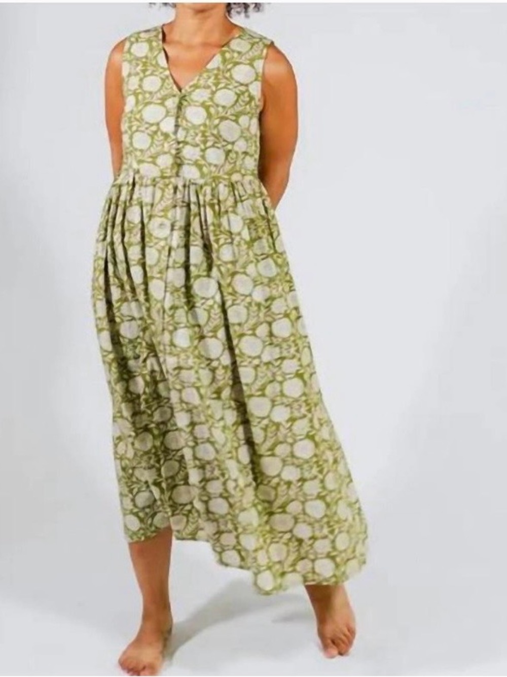 Mata Traders “Olivia” Green Floral V-Neck Midi Cotton Dress, Sz Large